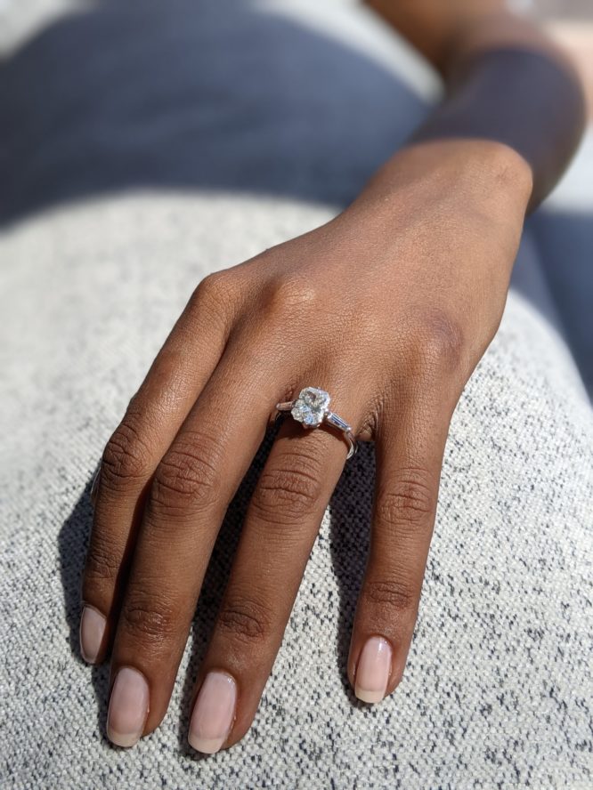 Daniella ring - 2.22 carat engagement ring on a finger