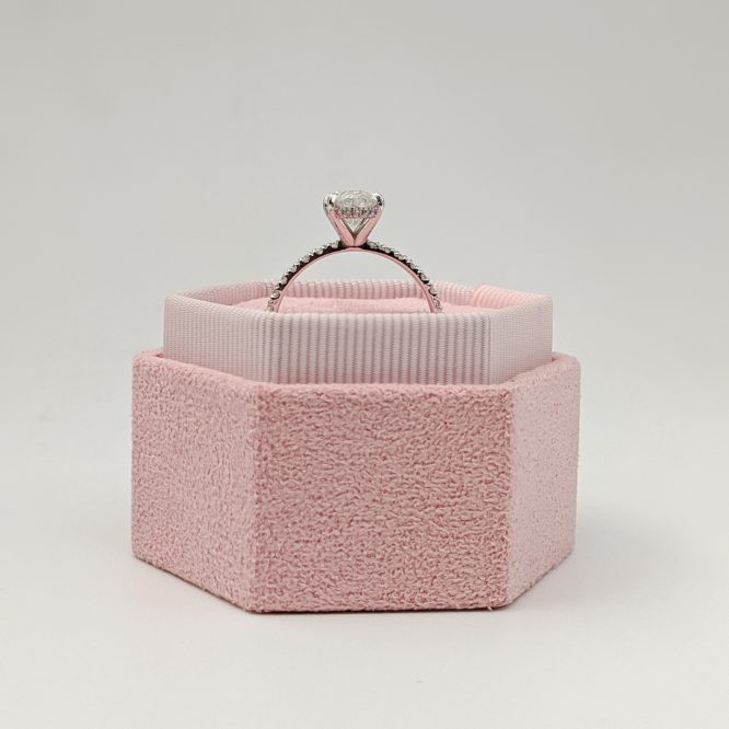 Ellie ring in a pink box - from the front
