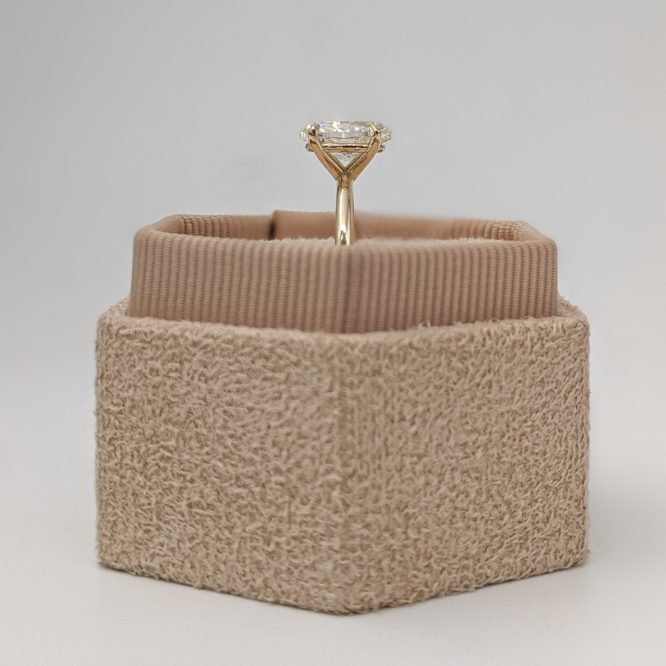 Amelia ring shown in a decorative box from the side