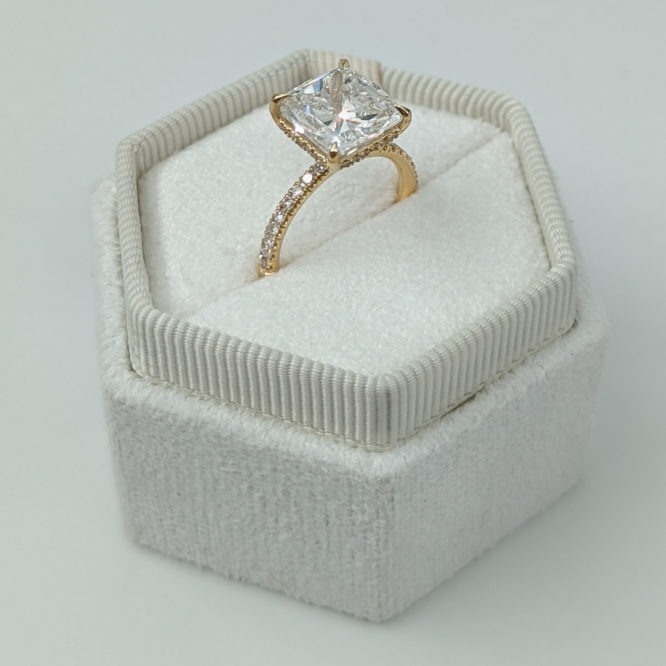 Cushion Diamond Engagement Ring, 14K Yellow Gold With Pave and Hidden Halo Ring different angles